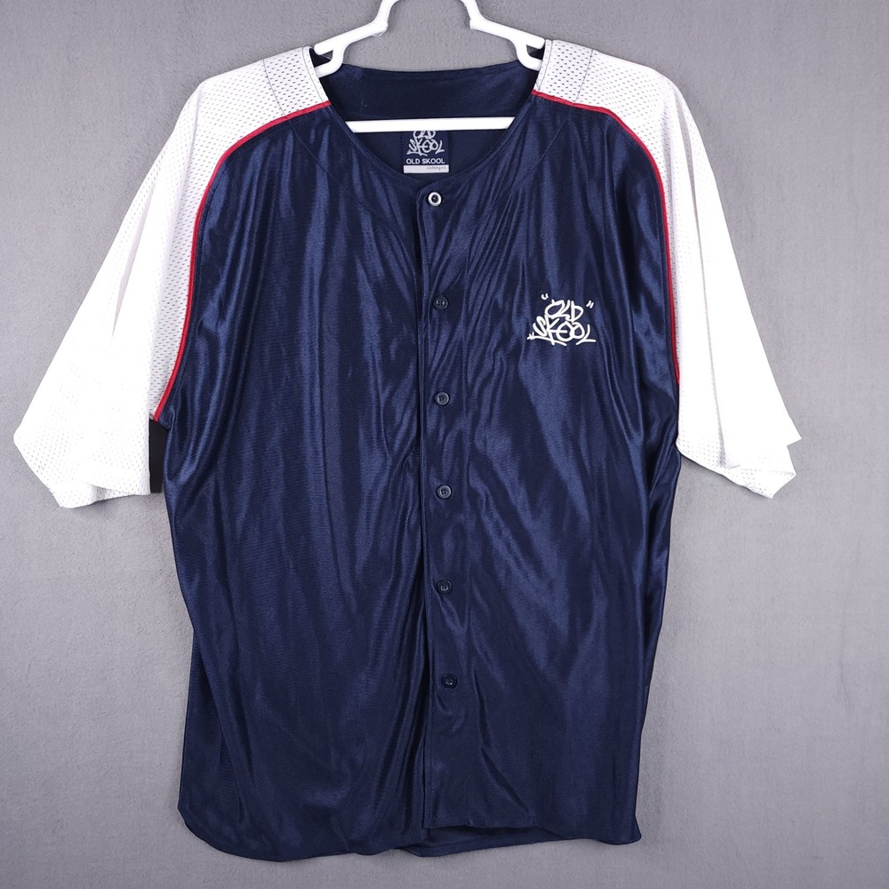 Old Skool Clothing Co Mens Baseball Jersey Navy Blue White Button Down Shirt XXL